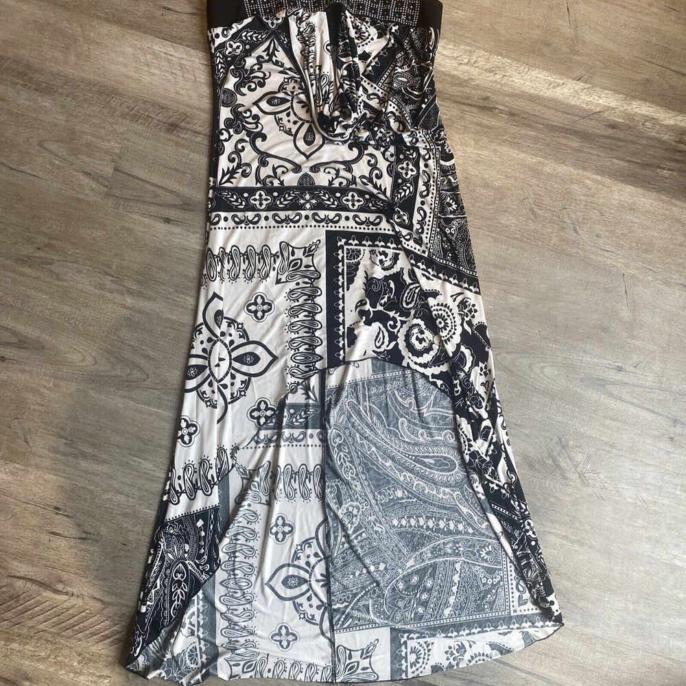 Dots Maxi Dress White and Black Floral Strapless Large